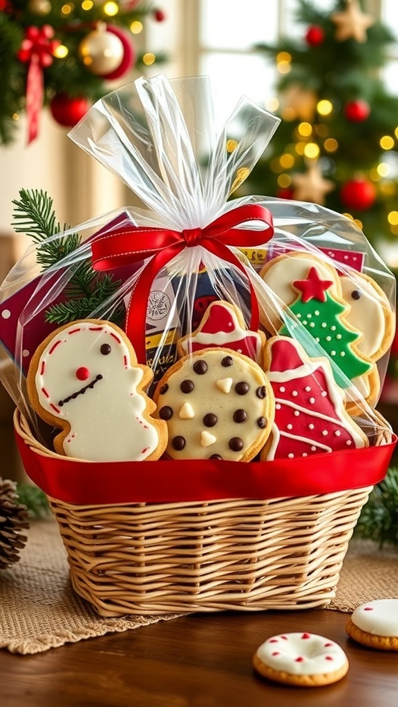 A festive gift basket filled with assorted homemade holiday cookies, decorated with ribbons and surrounded by holiday decorations.